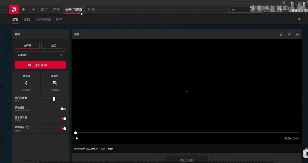 AMD Software: Adrenalin Edition录制界面