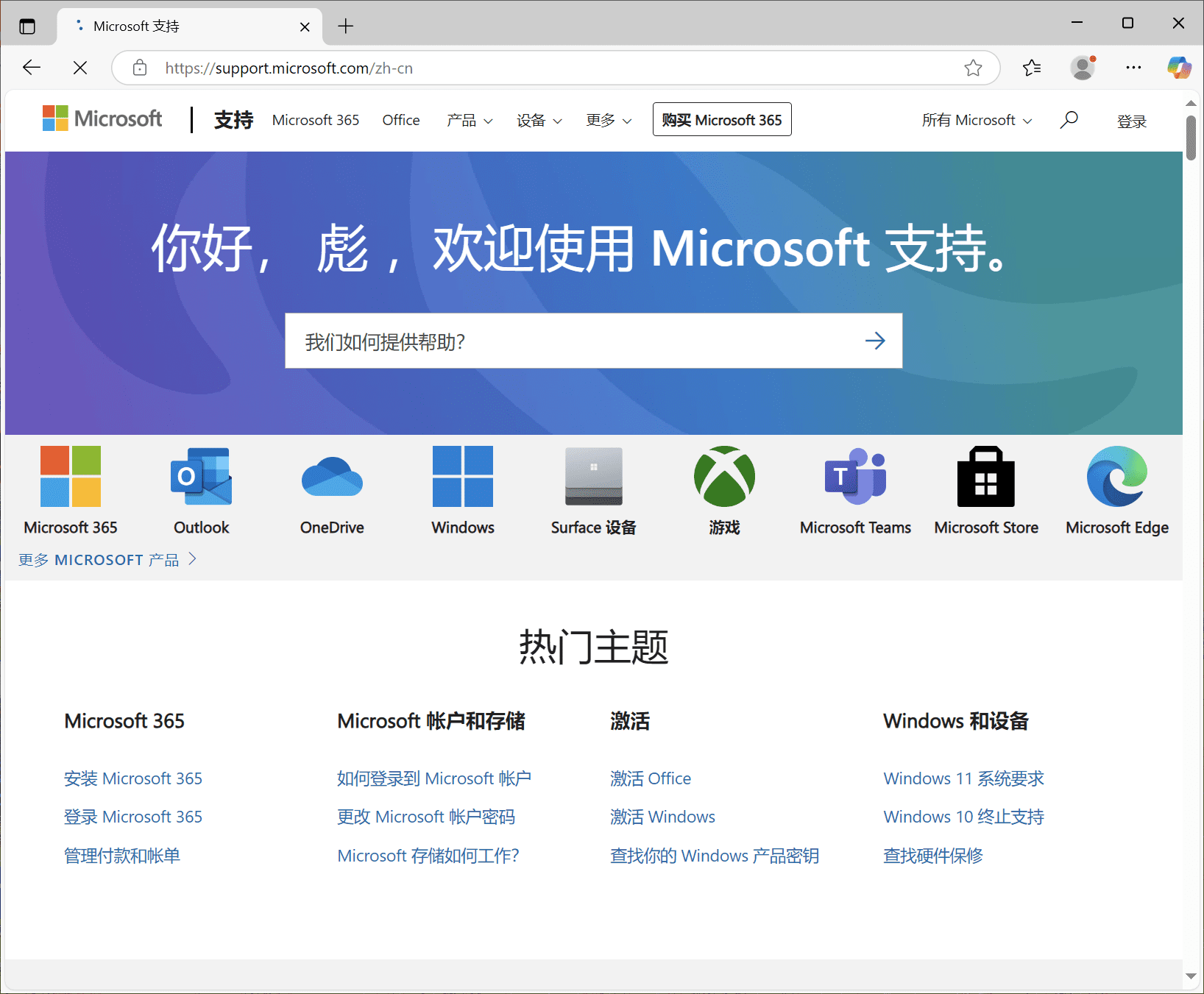 微软支持网站搜索界面